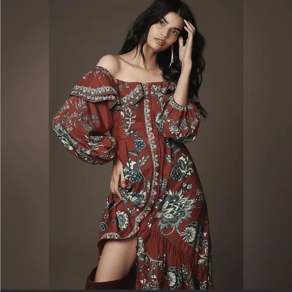 NWT Burgundy off the shoulder, ruffle, blue and white floral pattern maxi dress - Picture 3 of 4